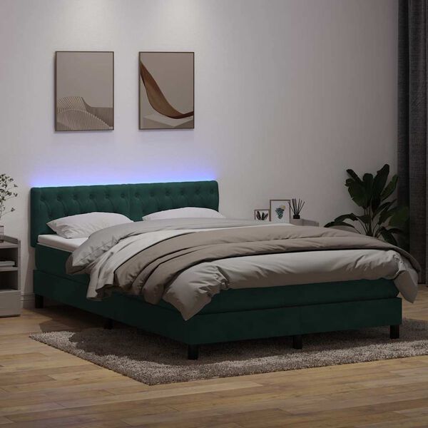 vidaXL Cama box spring con colch&oacute;n y LED terciopelo verde oscuro 140x210 cm