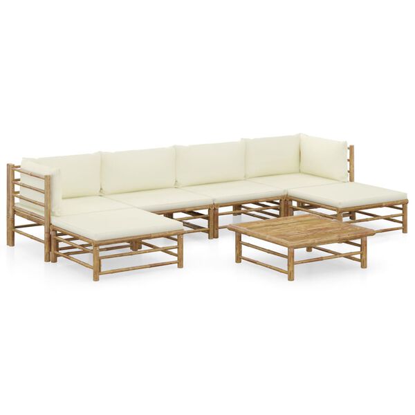 vidaXL Set de muebles de jardín 7 piezas bambú y cojines blanco crema