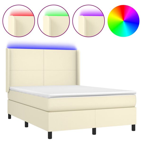 vidaXL Cama box spring colch&oacute;n y LED cuero sint&eacute;tico crema 140x190 cm