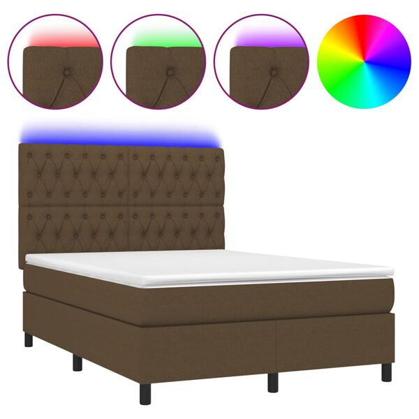 vidaXL Cama box spring colch&oacute;n luces LED tela marr&oacute;n oscuro 140x200cm