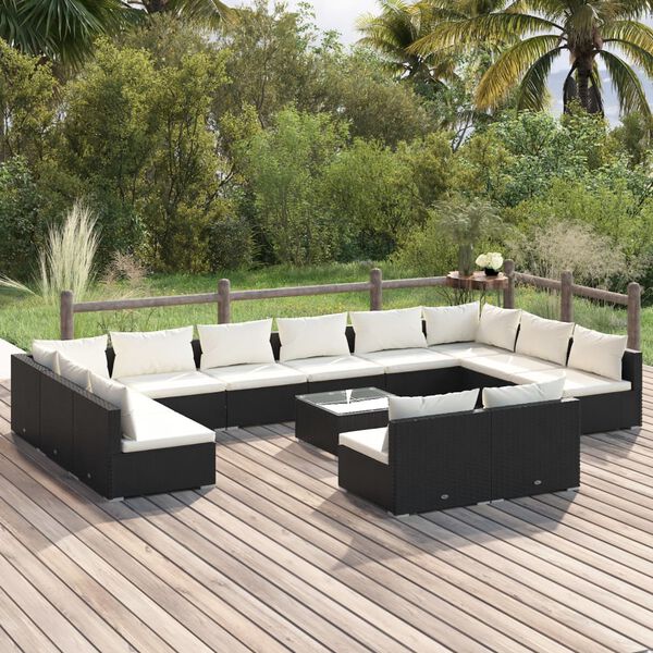 vidaXL Set de muebles de jard&iacute;n 13 pzas cojines rat&aacute;n sint&eacute;tico negro