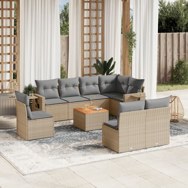 vidaXL Set de sof&aacute;s de jard&iacute;n 9 pzas con cojines rat&aacute;n sint&eacute;tico beige