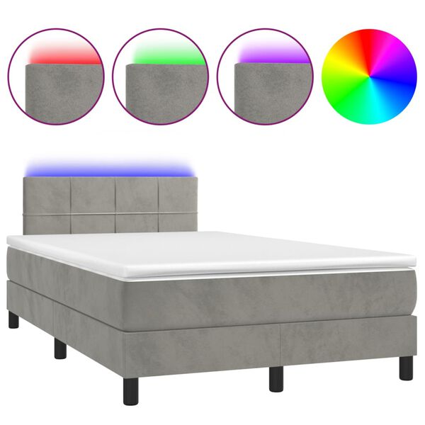 vidaXL Cama box spring colch&oacute;n y LED terciopelo gris claro 120x200 cm