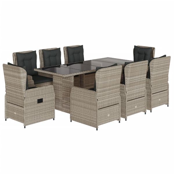 vidaXL Set comedor de jard&iacute;n 9 pzas cojines rat&aacute;n sint&eacute;tico gris claro