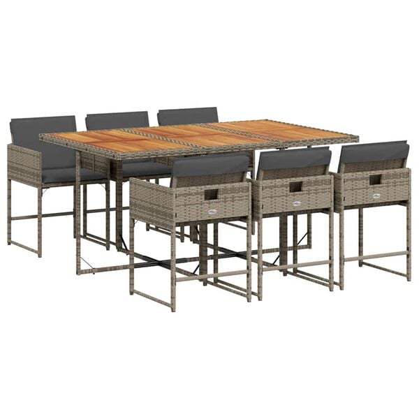 vidaXL Set comedor jard&iacute;n 7 pzas y cojines rat&aacute;n sint&eacute;tico gris