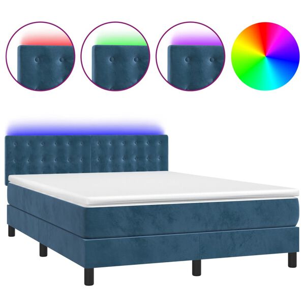 vidaXL Cama box spring colch&oacute;n y LED terciopelo azul oscuro 140x200 cm