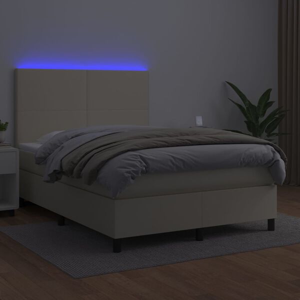 vidaXL Cama box spring colch&oacute;n y LED cuero sint&eacute;tico crema 140x190 cm