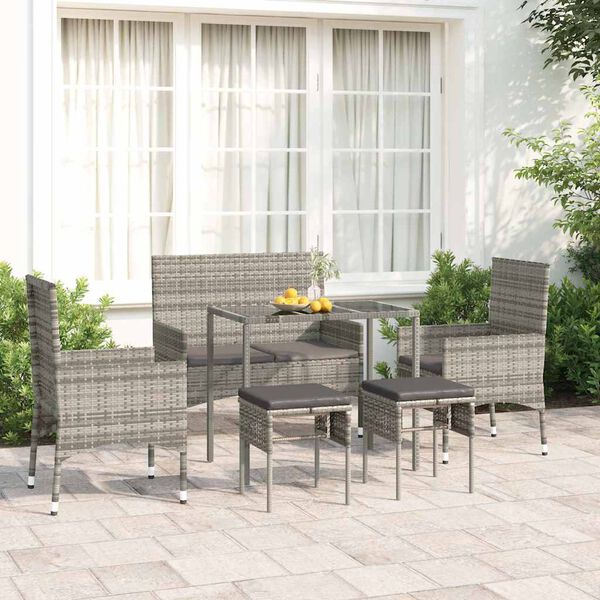 vidaXL Set de muebles de jard&iacute;n 6 pzas y cojines rat&aacute;n sint&eacute;tico gris