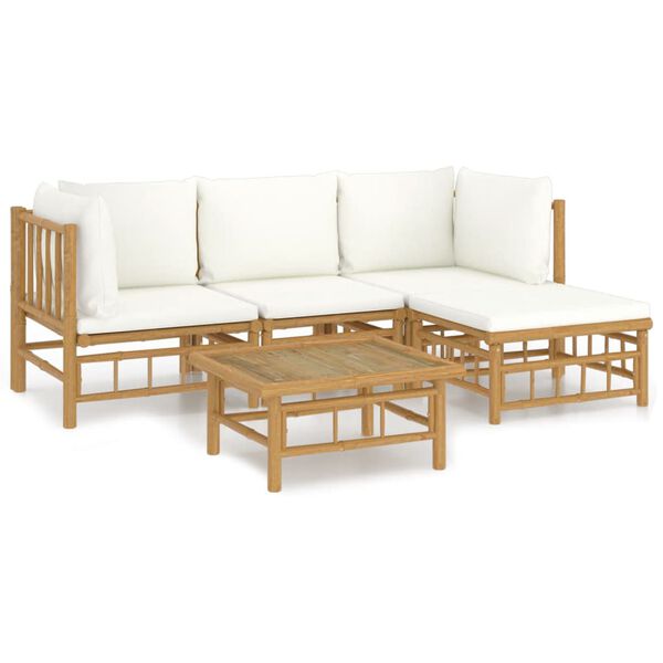 vidaXL Set de muebles de jardín 5 piezas bambú y cojines blanco crema