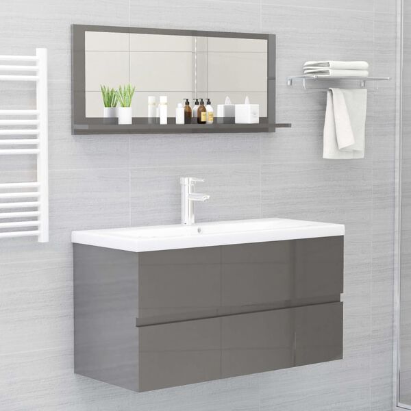 vidaXL Espejo de ba&ntilde;o madera contrachapada gris brillo 90x10,5x37 cm