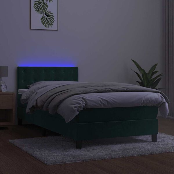 vidaXL Cama box spring colch&oacute;n y LED terciopelo verde oscuro 90x190 cm