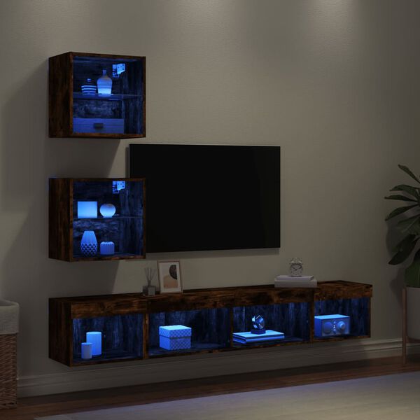 vidaXL Muebles TV pared con LED 5 pzas madera ingenier&iacute;a roble ahumado