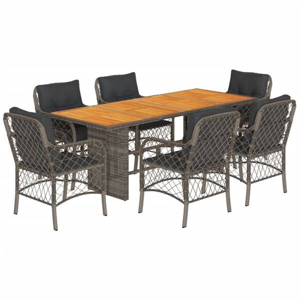 vidaXL Set comedor jard&iacute;n 7 pzas y cojines rat&aacute;n sint&eacute;tico gris