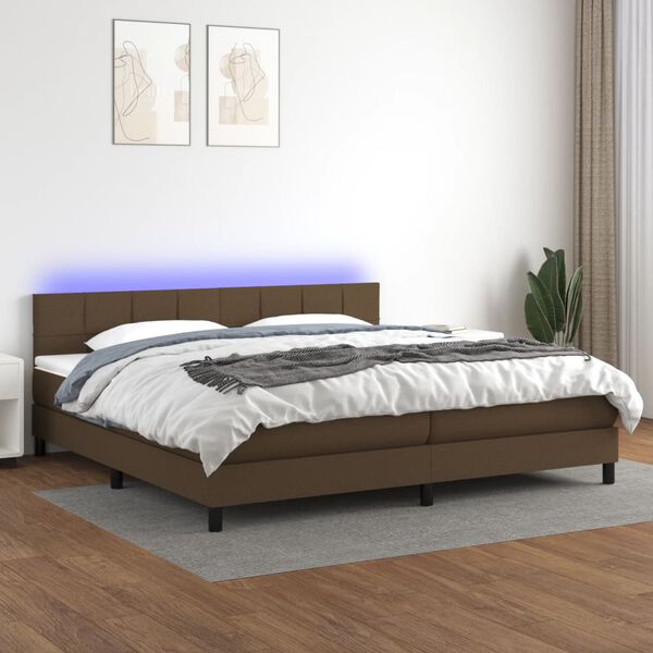 vidaXL Cama box spring colch&oacute;n luces LED tela marr&oacute;n oscuro 200x200 cm
