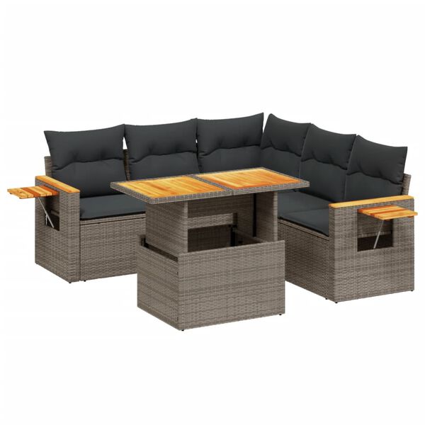 vidaXL Set de muebles de jard&iacute;n 6 pzas y cojines rat&aacute;n sint&eacute;tico gris