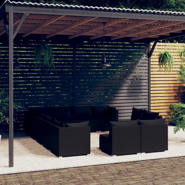 vidaXL Set de muebles de jard&iacute;n 12 pzas cojines rat&aacute;n sint&eacute;tico negro