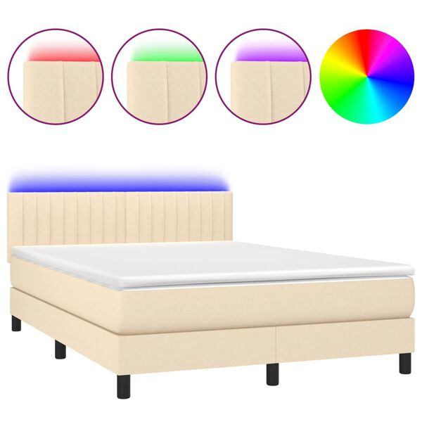 vidaXL Cama box spring colch&oacute;n y luces LED tela crema 140x190 cm