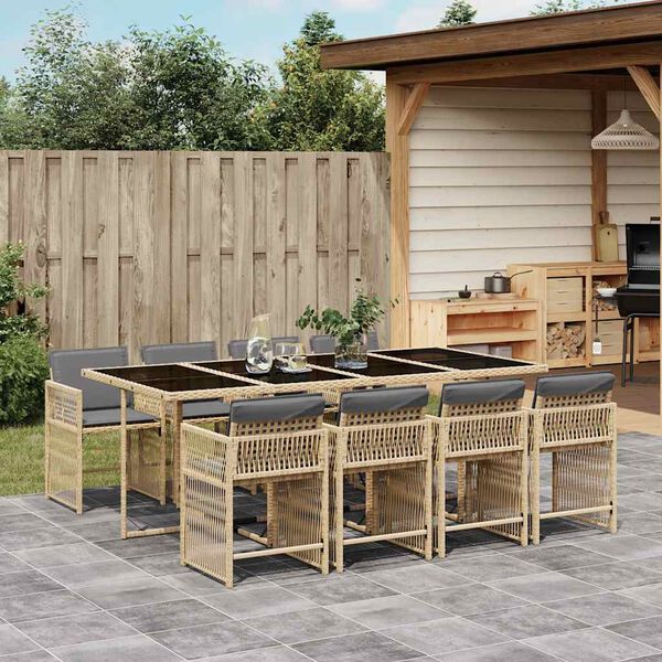 vidaXL Set comedor de jard&iacute;n 9 pzas con cojines rat&aacute;n sint&eacute;tico beige