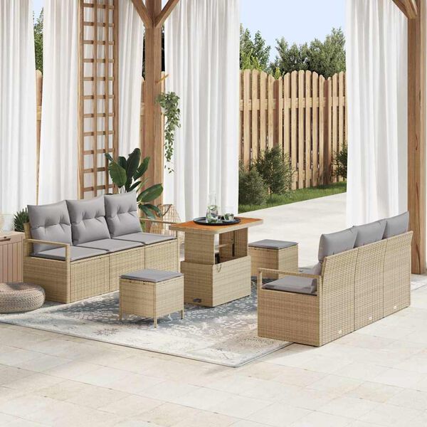 vidaXL Conjunto de sof&aacute;s de jard&iacute;n 9 pcs Beige rat&aacute;n sint&eacute;tico
