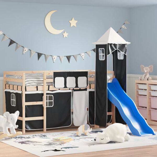 vidaXL Cama alta ni&ntilde;os con torre madera pino blanco negro 90x200 cm