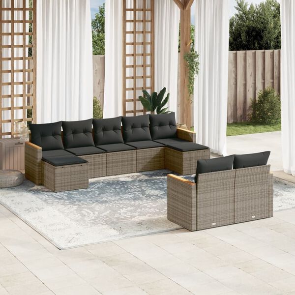vidaXL Set de muebles de jardín 9 pzas y cojines ratán sintético gris