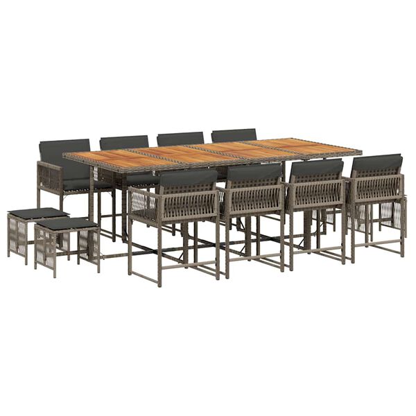 vidaXL Set comedor de jard&iacute;n con cojines 13 pzas rat&aacute;n sint&eacute;tico gris
