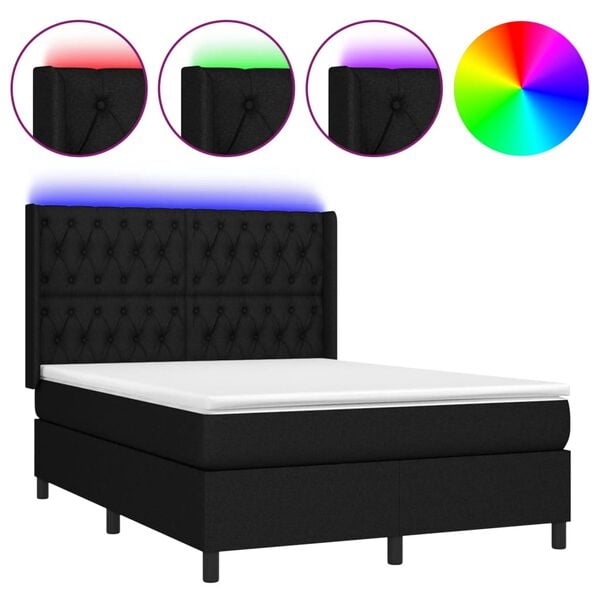 vidaXL Cama box spring colch&oacute;n y luces LED tela negro 140x200 cm