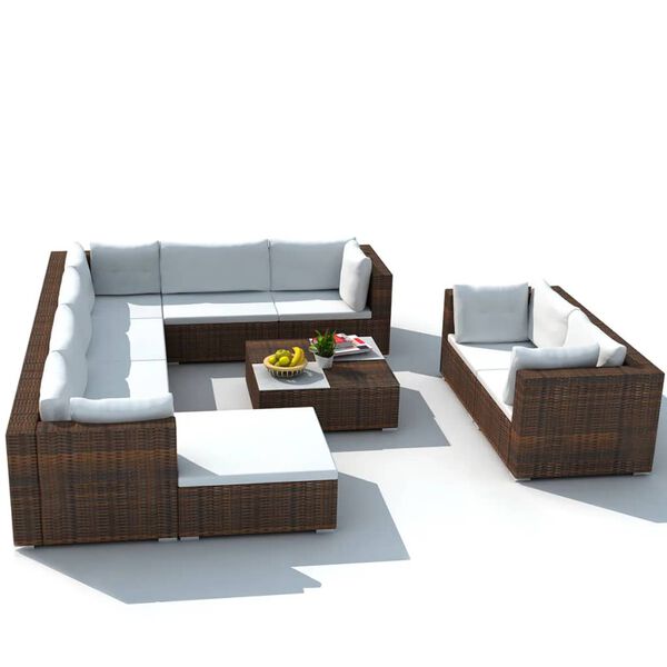 vidaXL Set muebles de jardín 10 pzas y cojines ratán sintético marrón