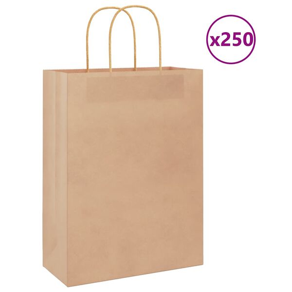 vidaXL Bolsas de papel con asas 250 uds marr&oacute;n 26x12x35 cm