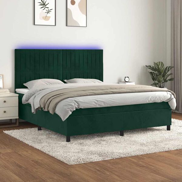 vidaXL Cama box spring colch&oacute;n y LED terciopelo verde oscuro 160x200cm