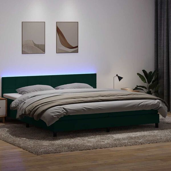 vidaXL Cama box spring con colch&oacute;n y LED terciopelo verde oscuro 180x220 cm