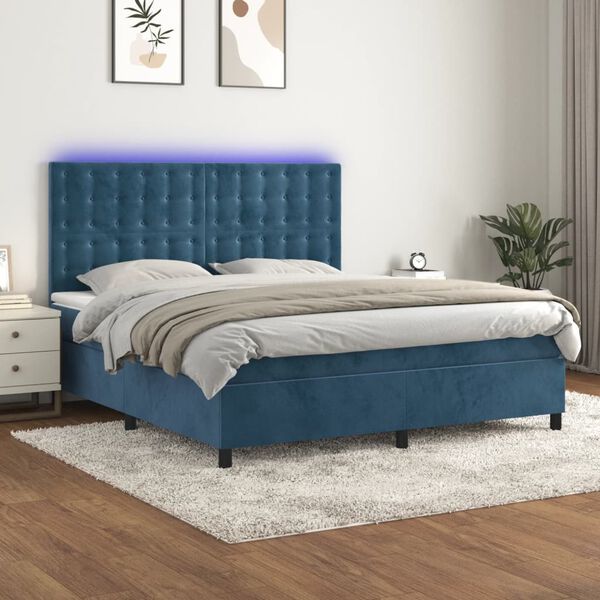 vidaXL Cama box spring colch&oacute;n y LED terciopelo azul oscuro 180x200 cm