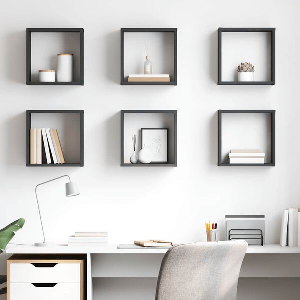 vidaXL Estantes cubo de pared 6 unidades gris brillo 30x15x30 cm