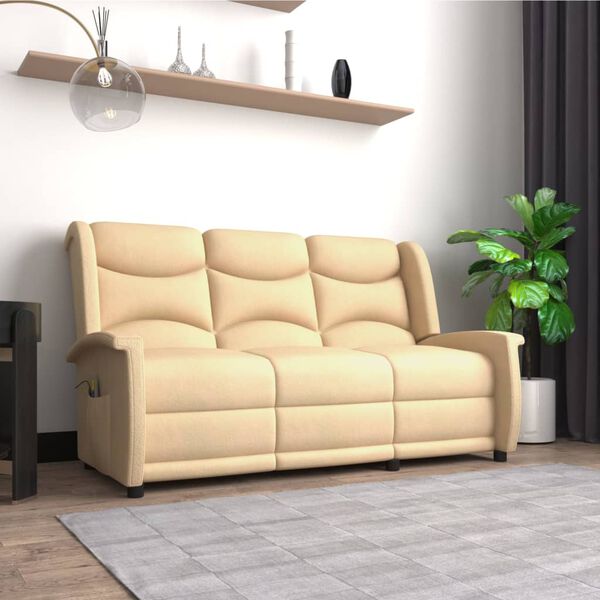 vidaXL Sillón de masaje reclinable de 3 plazas tela microfibra crema