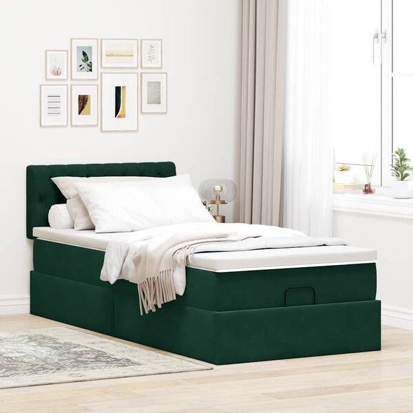 vidaXL Cama otomana con colch&oacute;n y LED terciopelo verde oscuro 80x200cm