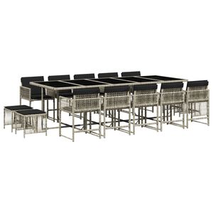 vidaXL Set comedor jard&iacute;n y cojines 15 pzas rat&aacute;n sint&eacute;tico gris claro