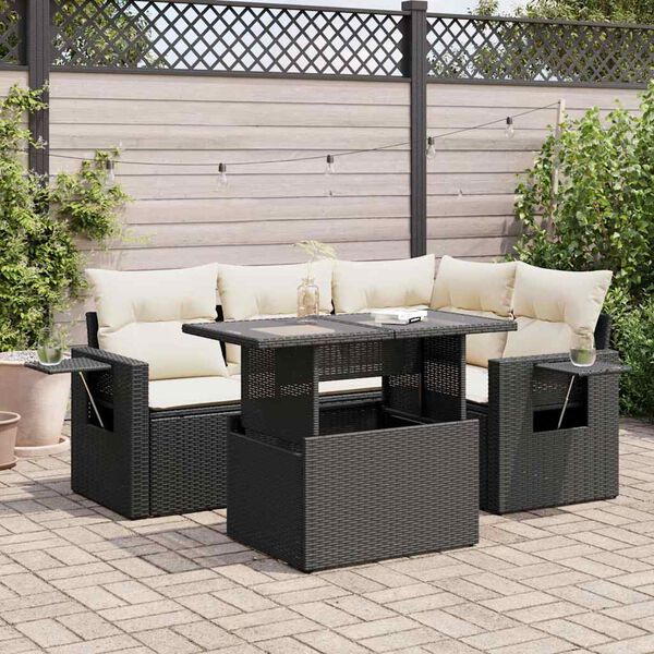 vidaXL Set de muebles de jard&iacute;n 5 pzas y cojines rat&aacute;n sint&eacute;tico negro