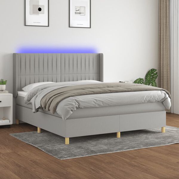vidaXL Cama box spring colch&oacute;n y luces LED tela gris claro 180x200 cm
