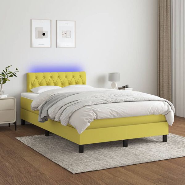 vidaXL Cama box spring con colch&oacute;n y LED tela verde 120x200 cm