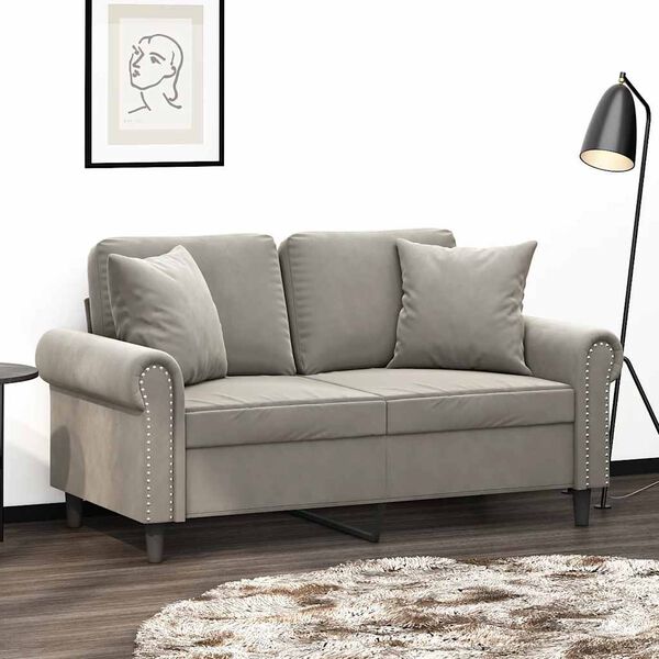vidaXL Sof&aacute; 2 plazas almohadas y cojines terciopelo gris claro 120 cm