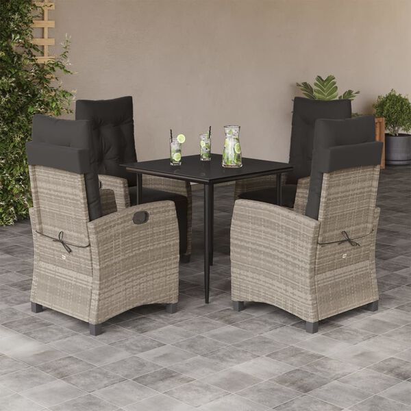 vidaXL Set comedor de jard&iacute;n 5 pzas cojines rat&aacute;n sint&eacute;tico gris claro