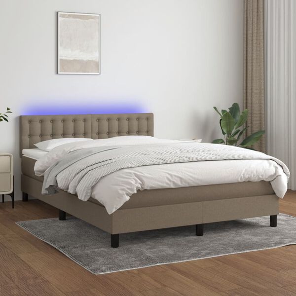 vidaXL Cama box spring colch&oacute;n y luces LED tela gris taupe 140x190 cm
