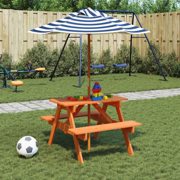 vidaXL Mesa de picnic para 4 ni&ntilde;os agujero para sombrilla madera abeto