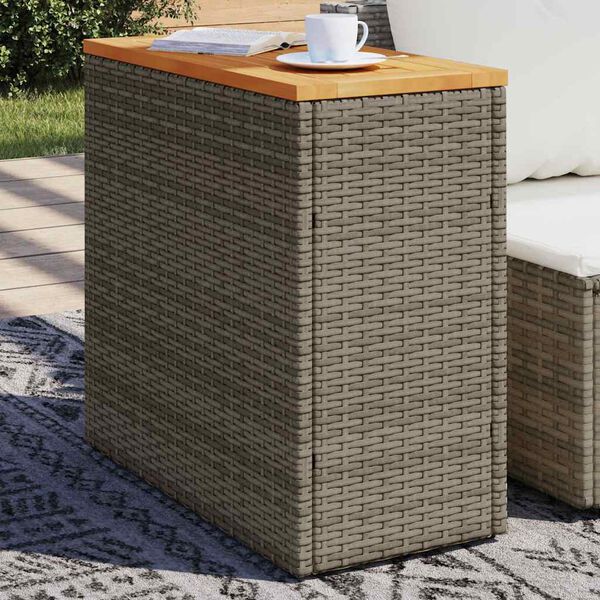 vidaXL Mesa auxiliar jardín tapa madera ratán PE gris 58x27,5x55 cm