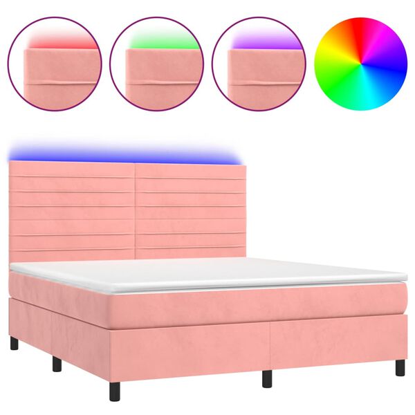 vidaXL Cama box spring colch&oacute;n y LED terciopelo rosa 180x200 cm