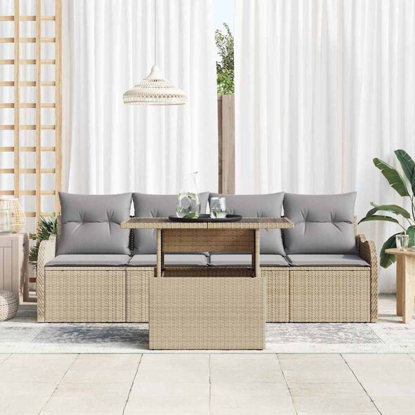vidaXL Conjunto de sof&aacute; de jard&iacute;n 5 pcs Beige Rattan de Poli&eacute;ster