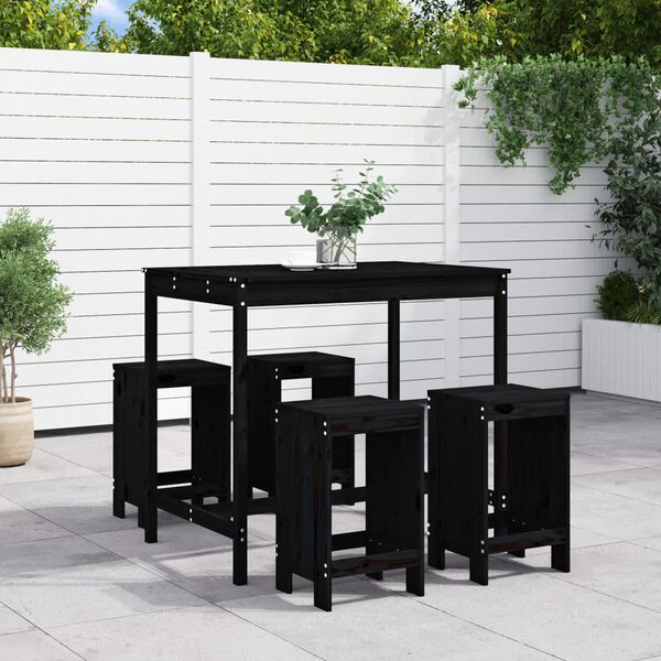 vidaXL Set de mesa y taburetes altos jardín 5 piezas madera pino negro