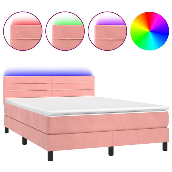 vidaXL Cama box spring colch&oacute;n y LED terciopelo rosa 140x190 cm