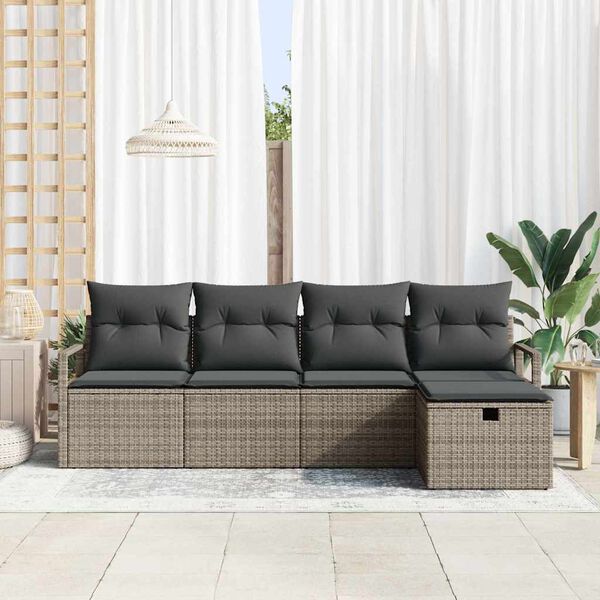vidaXL Conjunto de sof&aacute; de jard&iacute;n con coj&iacute;n 5 pcs Gris Polirat&aacute;n