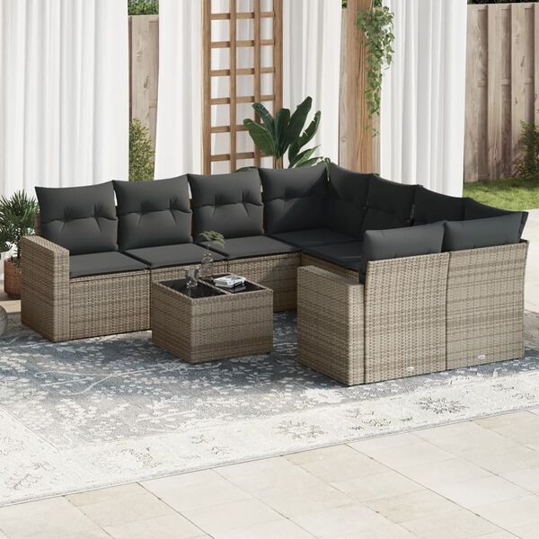 vidaXL Set de muebles de jard&iacute;n 9 pzas y cojines rat&aacute;n sint&eacute;tico gris
